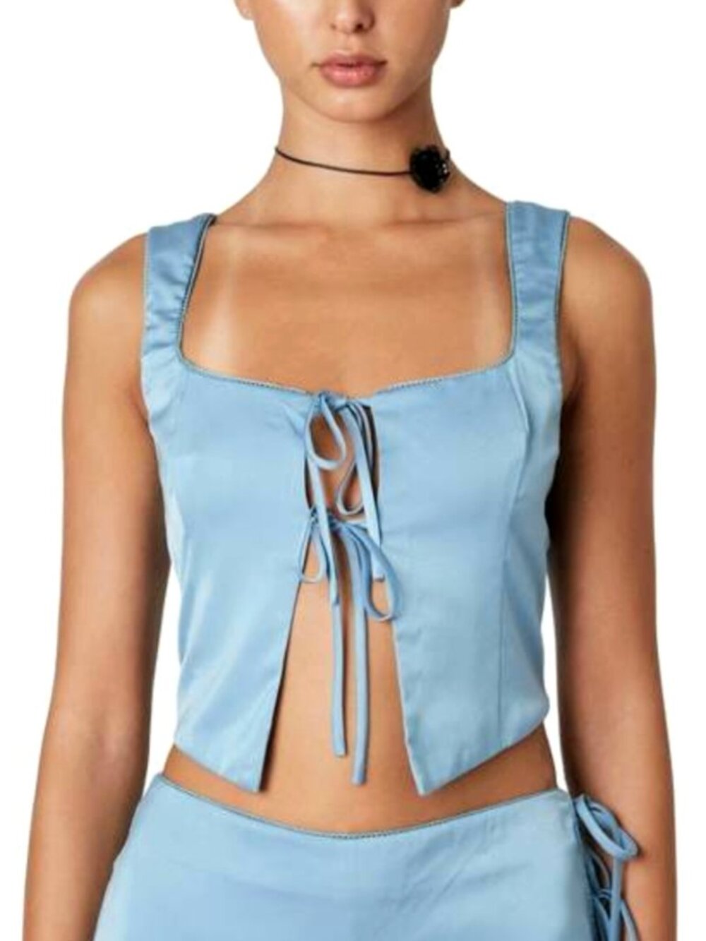 NWT NIA Nathalia Satin Tie Front Corset Top in Powder Blue, Size Large